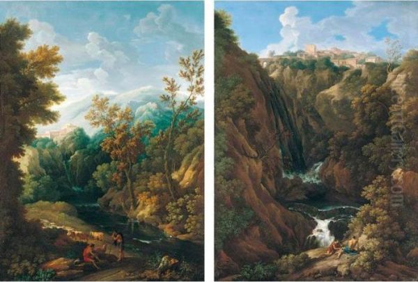 A Classical Landscape With Shepherds Beside A Waterfall, Said To Be A View Of Tivoli Oil Painting by Jan Frans Van Bloemen (Orizzonte)