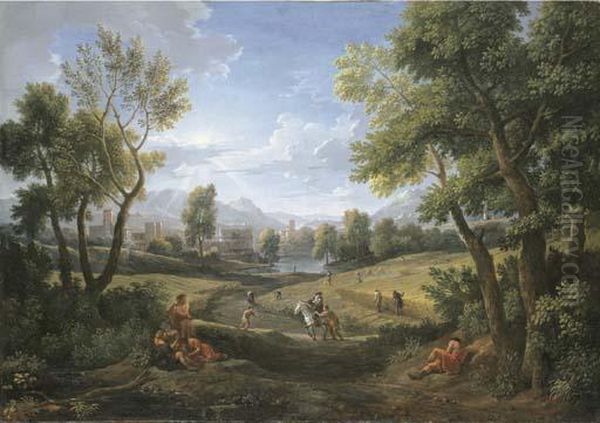 An Extensive River Landscape With Peasants During The Harvest, A Lakeside Town Beyond Oil Painting by Jan Frans Van Bloemen (Orizzonte)