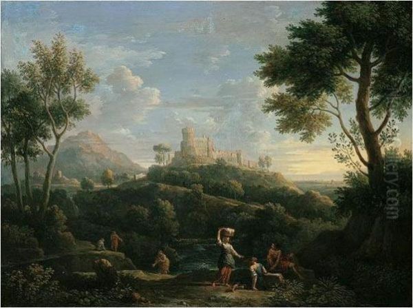 A Southern Landscape With Figures In The Foreground And A Hill-top Town Beyond Oil Painting by Jan Frans Van Bloemen (Orizzonte)