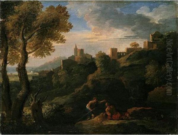 A Classical Landscape With Figures In The Foreground, A Walled Town Beyond Oil Painting by Jan Frans Van Bloemen (Orizzonte)