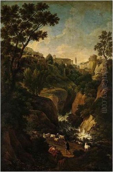 A Capriccio Of Tivoli, With Peasants And Animals By The Falls Oil Painting by Jan Frans Van Bloemen (Orizzonte)