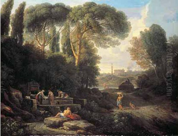 Lavandieres A La Fontaine Dans Un Paysage Classique Oil Painting by Jan Frans Van Bloemen (Orizzonte)