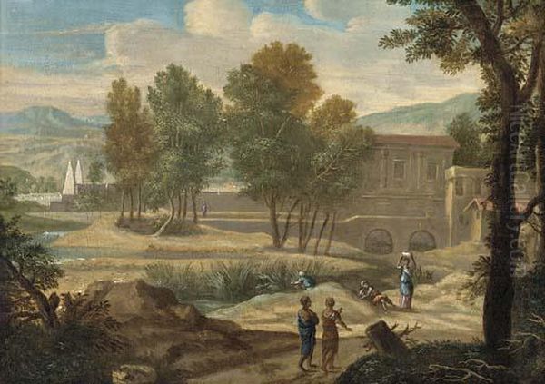 A Classical Landscape With Figures On A Path, A Villa Beyond Oil Painting by Jan Frans Van Bloemen (Orizzonte)