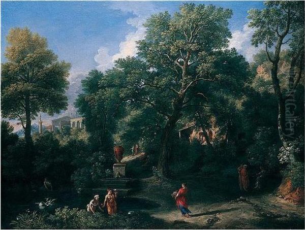 An Arcadian Landscape With Figures Bathing By A Pool, A Classical Temple Beyond Oil Painting by Jan Frans Van Bloemen (Orizzonte)