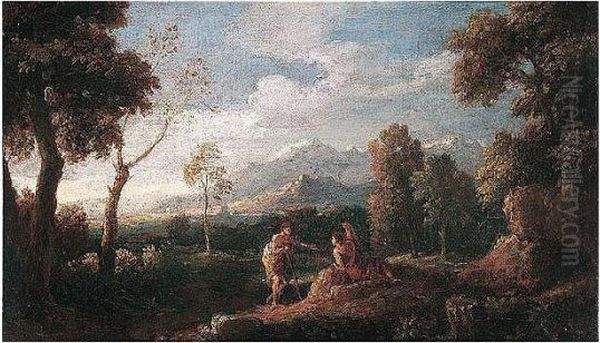 A Wooded Landscape With Figures Conversing In The Foreground Oil Painting by Jan Frans Van Bloemen (Orizzonte)