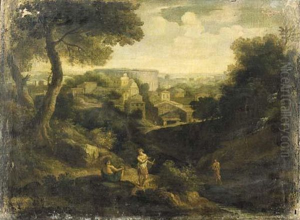 Veduta Ideata Di Roma Con Il Colosseo Sullo Sfondo E Astanti In Primo Piano Oil Painting by Jan Frans Van Bloemen (Orizzonte)