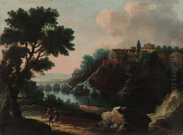 Travellers Before A Waterfall In
 A River Landscape; And Peasants Ona Path In A River Landscape With A 
Town Beyond Oil Painting by Jan Frans Van Bloemen (Orizzonte)