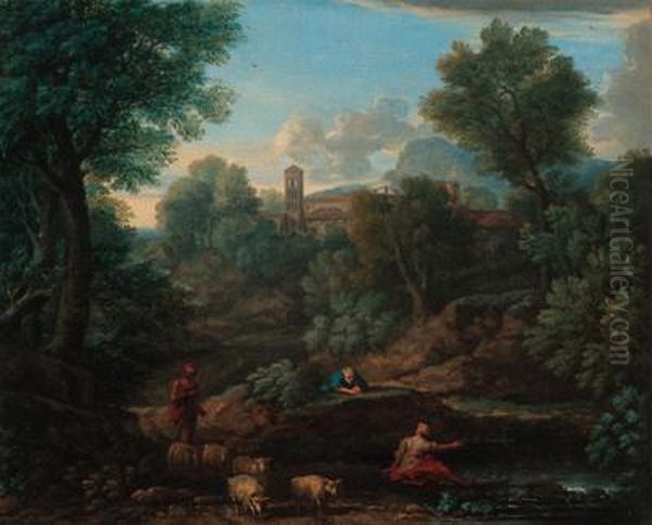 A Landscape With A Shepherd And Sheep At A Stream, A Villagebeyond Oil Painting by Jan Frans Van Bloemen (Orizzonte)