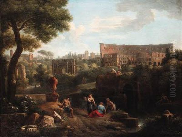 A Capriccio Of Rome With The Colosseum And The Arch Ofconstantine
Signed 'vblommen' [vb Linked] Oil Painting by Jan Frans Van Bloemen (Orizzonte)