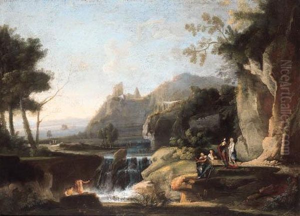 An Italianate Landscape With 
Figures And Anglers On An Outcropbefore A Waterfall, A Hilltop Ruin 
Beyond Oil Painting by Jan Frans Van Bloemen (Orizzonte)