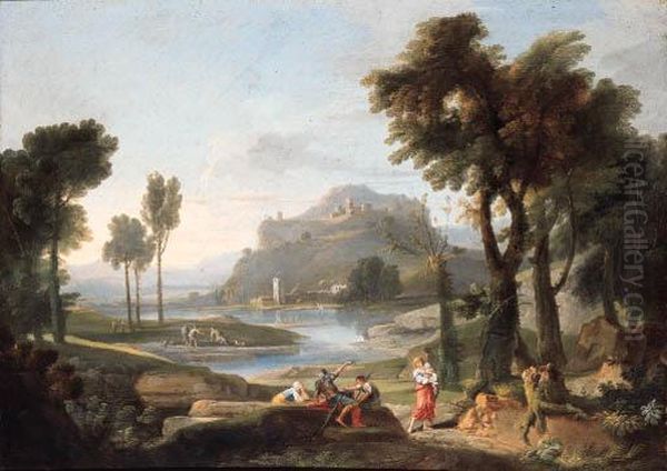 An Italianate Landscape With Figures Resting By A River, A Hilltopcastle Beyond Oil Painting by Jan Frans Van Bloemen (Orizzonte)