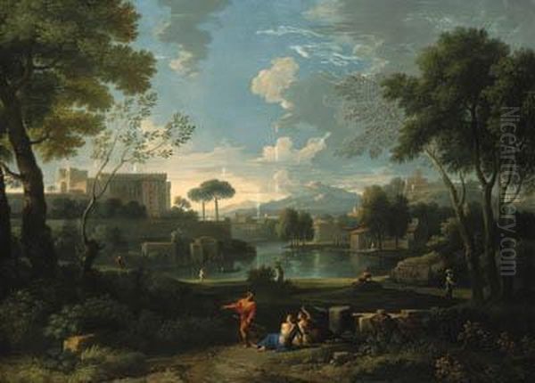 An Italianate Landscape With A 
Lakeside Town And A Fortified Palaceon A Hill, Figures Resting On A Path
 In The Foreground Oil Painting by Jan Frans Van Bloemen (Orizzonte)