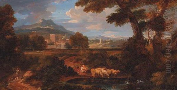 A Classical Landscape With Shepherds Watering Sheep At A Pool Oil Painting by Jan Frans Van Bloemen (Orizzonte)