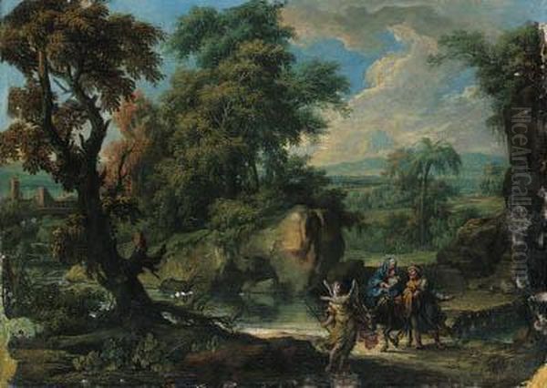 A Wooded River Landscape With The Flight Into Egypt Oil Painting by Jan Frans Van Bloemen (Orizzonte)