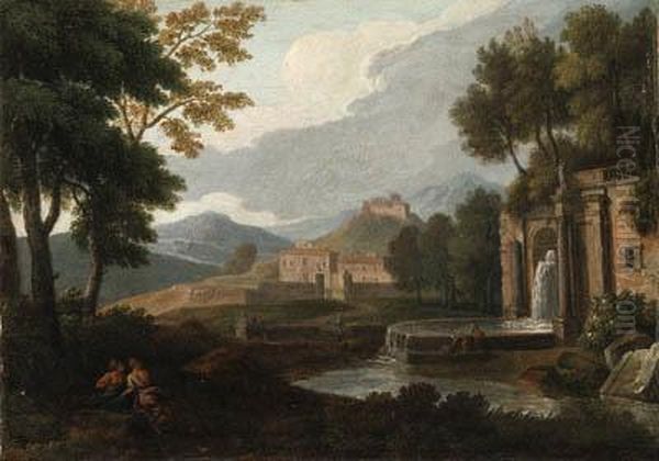 An Italianate Landscape With A Fountain And Philosophers Resting Inthe Foreground Oil Painting by Jan Frans Van Bloemen (Orizzonte)