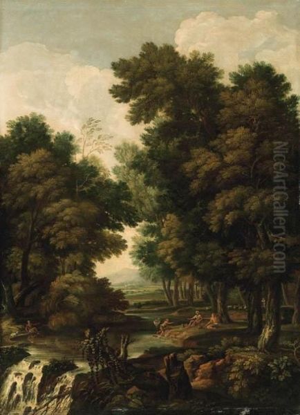 A Wooded River Landscape With Fishermen Sitting On A Bank Oil Painting by Jan Frans Van Bloemen (Orizzonte)