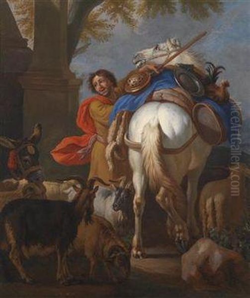 An Armed Man With His Horse And Goats Oil Painting by Pieter van Bloemen