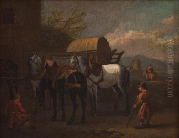 Bauern Und Reisender Mit Schimmel Und Rappen Vor Einem Wirtshaus Oil Painting by Pieter van Bloemen