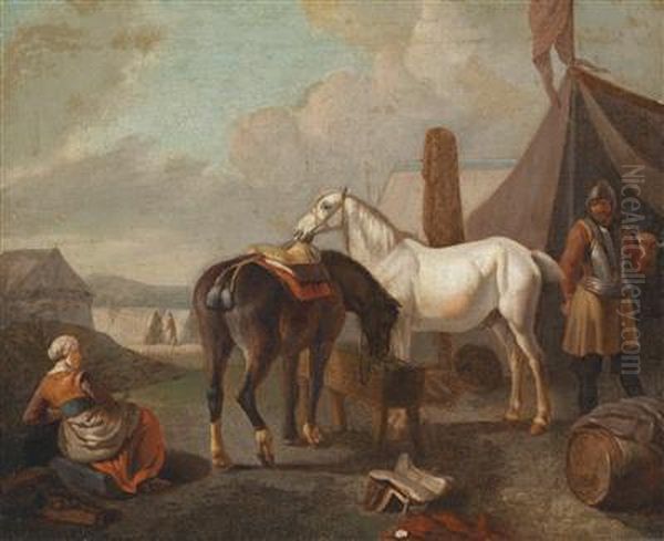 A Military Camp Oil Painting by Pieter van Bloemen