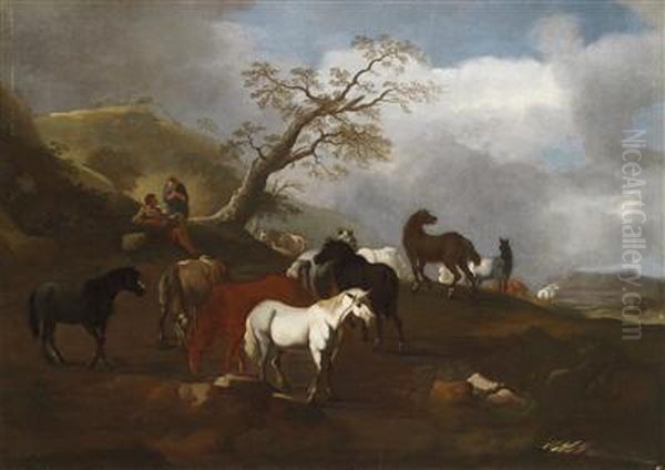 Landscape With Horses Oil Painting by Pieter van Bloemen