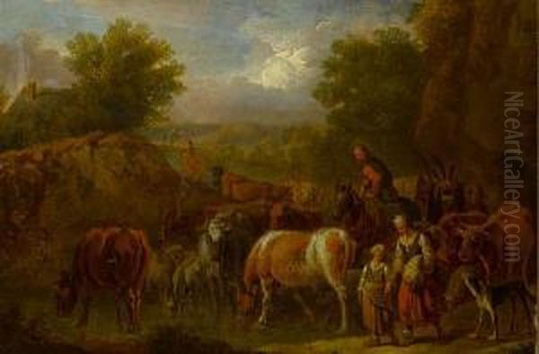 Herdsmen Grazing Their Cattle Before An Open Landscape Oil Painting by Pieter van Bloemen