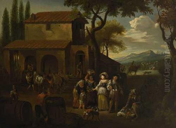 Landliche Szene Vor Einem Weinkeller Oil Painting by Pieter van Bloemen