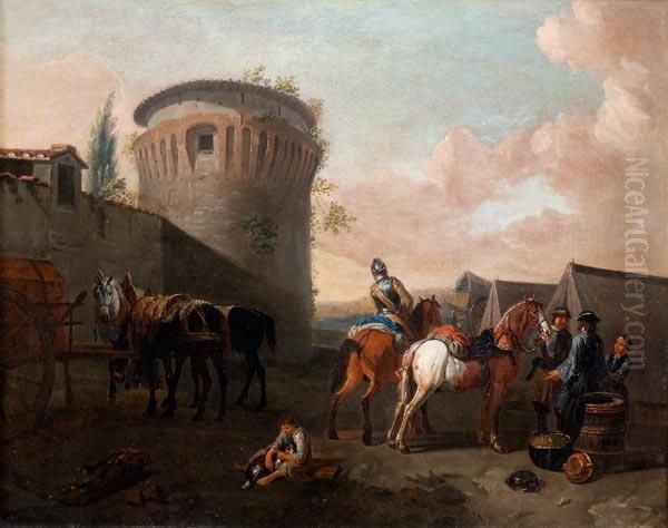 Paesaggio Con Torre E Sosta Di Cavalieri Oil Painting by Pieter van Bloemen