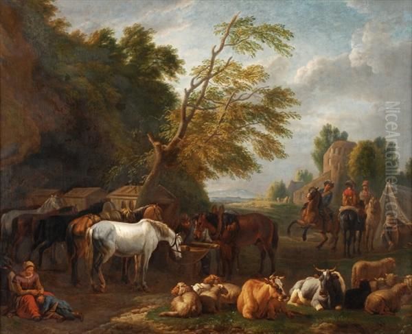 A Military Encampment In A 
Wooded Landscape With Sheepand Cattle Grazing, And Mounted Cavalry 
Behind Oil Painting by Pieter van Bloemen