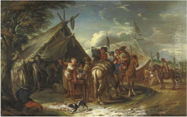 A Military Encampment With A Mounted Trumpeter And Other Horsemenbefore A Sutler's Tent Oil Painting by Pieter van Bloemen