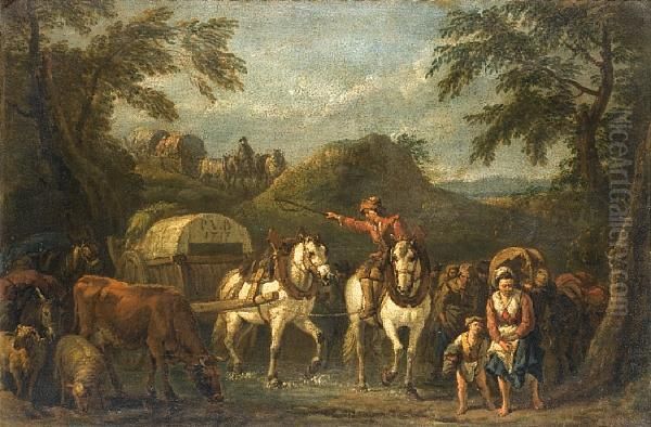 Travellers On Horseback With Cattle And Sheep On A Country Path Oil Painting by Pieter van Bloemen