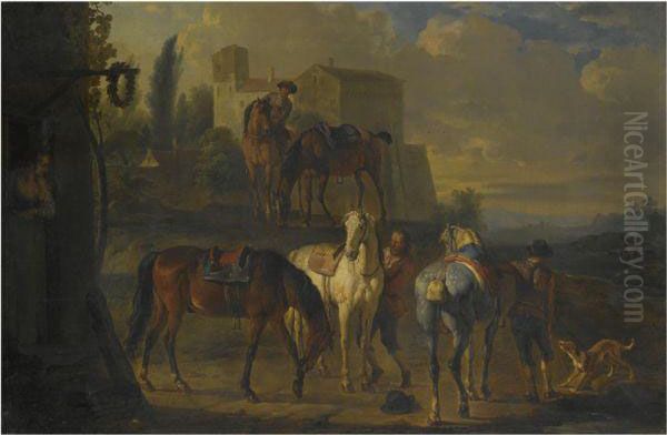 A Cavalry Party Halted Before An Inn Oil Painting by Pieter van Bloemen