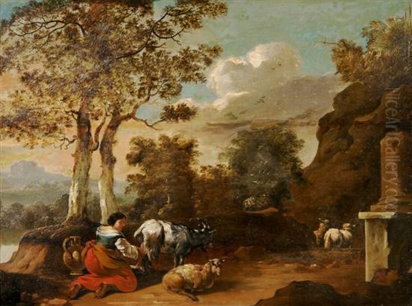 Milking The Goat Oil Painting by Pieter van Bloemen