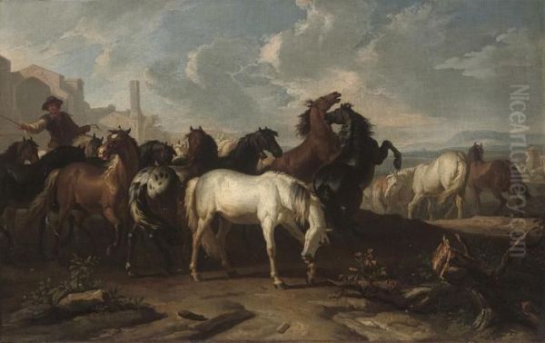 A Drover Herding Horses Along A Track Oil Painting by Pieter van Bloemen