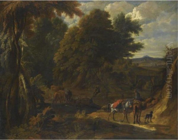 A Wooded Landscape With Herders And Their Animals On A Path Oil Painting by Pieter van Bloemen