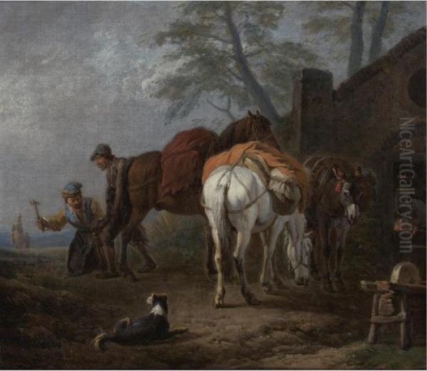 At The Blacksmith Oil Painting by Pieter van Bloemen