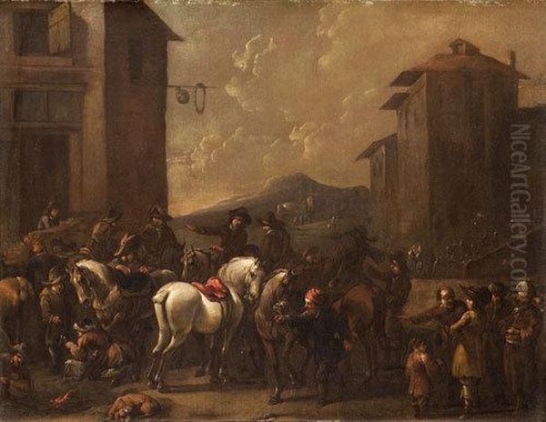 Sosta Di Cavalieri Presso Una Locanda Oil Painting by Pieter van Bloemen