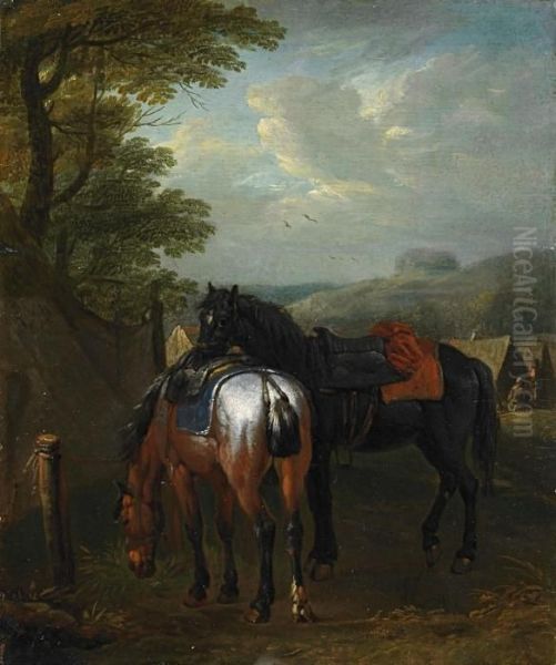 Zwei Gesattelte Pferde An Der Tranke Zwei Ungesattelte Pferde An Der Tranke Oil Painting by Pieter van Bloemen