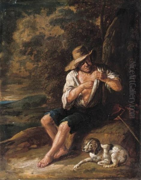 A Shepherd With His Dog Oil Painting by Pieter van Bloemen