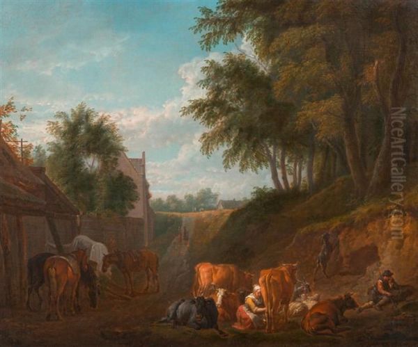 Vor Der Scheune Mit Milchmagd Und Kuhen Oil Painting by Pieter van Bloemen