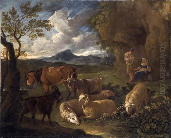 Pastore E Contadina Con Armenti In Un Paesaggio Oil Painting by Pieter van Bloemen