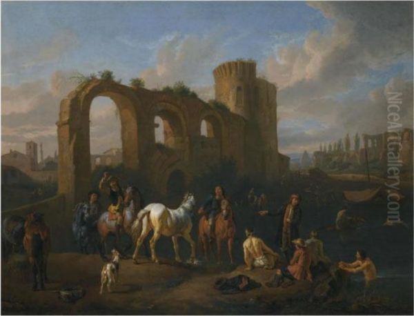 A Roman Landscape With Horsemen 
And Bathers At A Watering Hole,architechtural Ruins Beyond Oil Painting by Pieter van Bloemen