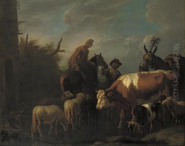 A Peasant Couple Amongst Their Cattle And Sheep Oil Painting by Pieter van Bloemen