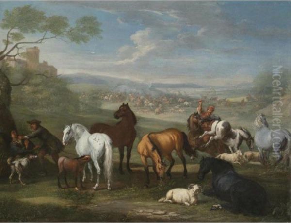 Herdsmen With Horses And Sheep In The Foreground, A Battle Beyond Oil Painting by Pieter van Bloemen