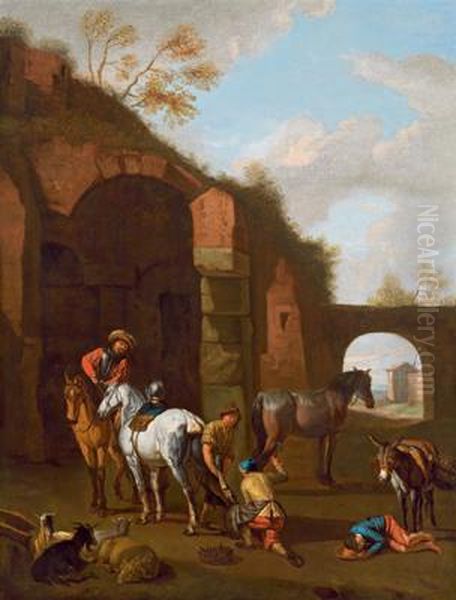 Cavalieri In Sosta In Un Paesaggio Di Rovine Oil Painting by Pieter van Bloemen