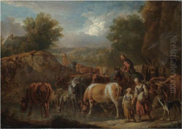 Cattle Stopping To Drink By A Stream Oil Painting by Pieter van Bloemen