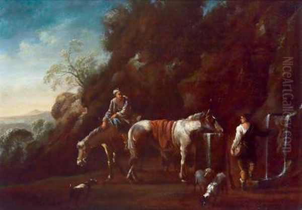 Cavaliere In Sosta Accanto Ad Un Pozzo Oil Painting by Pieter van Bloemen