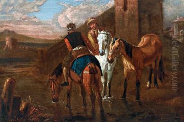 Due Cavalieri Ad Un Abbeveratoio Oil Painting by Pieter van Bloemen