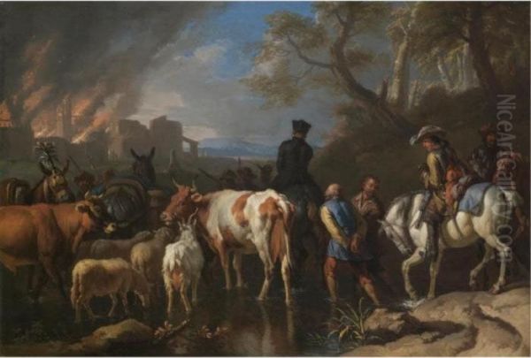 Soldiers Driving Prisoners And Livestock Across A Ford Oil Painting by Pieter van Bloemen