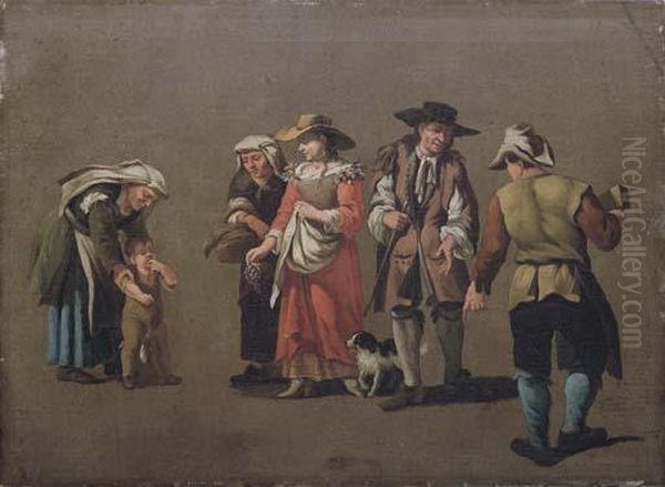 A Group Of Peasants - A Study Oil Painting by Pieter van Bloemen