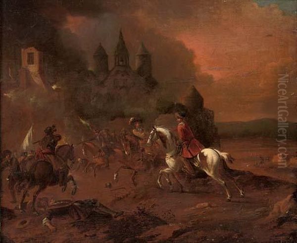 A Cavalry Skirmish Before A Town Oil Painting by Pieter van Bloemen